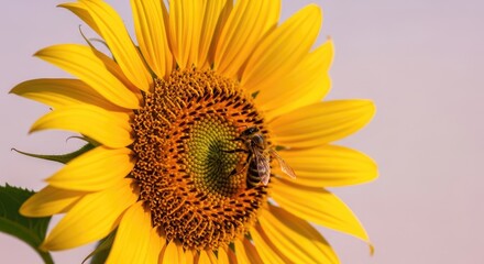 Obraz premium Close-up of a vibrant sunflower with a bee collecting pollen against a soft, gradient sky