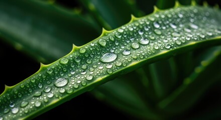 Close Up of Fresh Green Aloe Vera Leaf Covered in Dewy Water Droplets