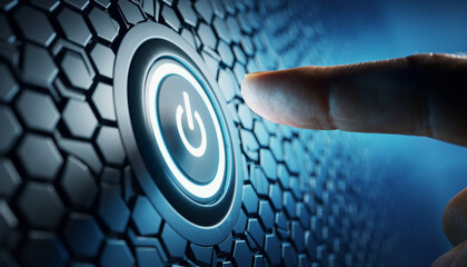 Finger Pressing Futuristic Digital Power Button on Hexagonal Interface, Symbolizing Advanced Technology, AI Control, and System Activation