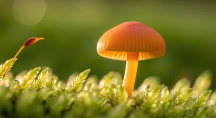 Fototapeta premium A small, vibrant orange mushroom stands tall amid bright green moss, bathed in soft sunlight. Tiny details of its gills and the mossy textures are in focus. 
