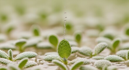 Close-up of a young plant with water droplets suspended above a leaf, surrounded by a field of other seedlings. Focus is on growth and life. Soft, blurred background