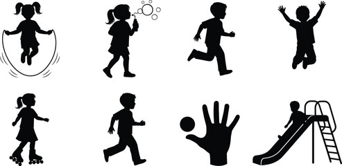 Children silhouette set showing various outdoor activities including skipping rope, blowing bubbles, running, jumping, skating, sliding, and playing ball together
