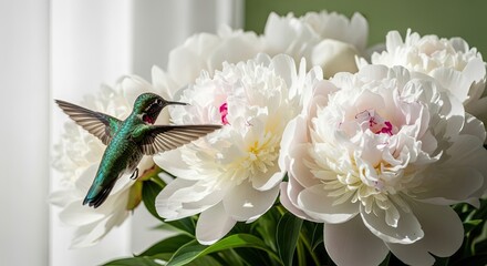 Obraz premium A hummingbird hovers mid-flight, near large, white peonies with a green backdrop