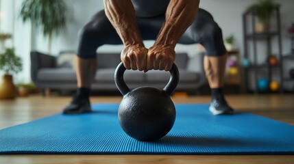 Naklejka premium Strong person lifting kettlebell at home gym.
