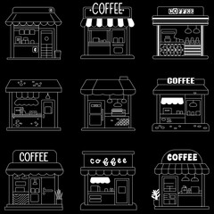 This image is a grid collection of nine minimalist line art illustrations depicting various styles of coffee shops, cafes, and street kiosks.