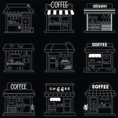 This image is a grid collection of nine minimalist line art illustrations depicting various styles of coffee shops, cafes, and street kiosks.