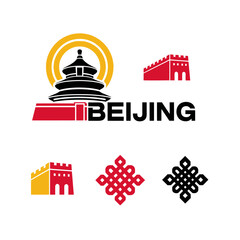Naklejka premium Stylized collection of iconic Beijing landmarks and traditional Chinese cultural symbols, perfect for travel and heritage themes