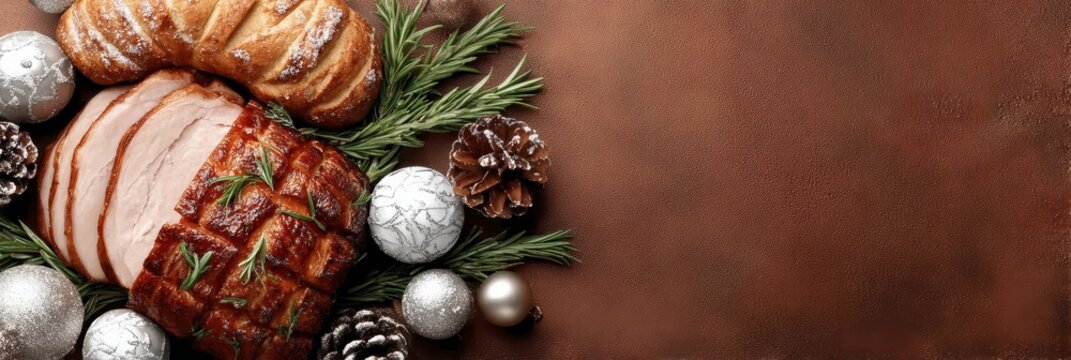 Christmas food buffet of savory turkey, warm breads, sugar dusted cookies, and festive cakes arranged beside glowing holiday ornaments