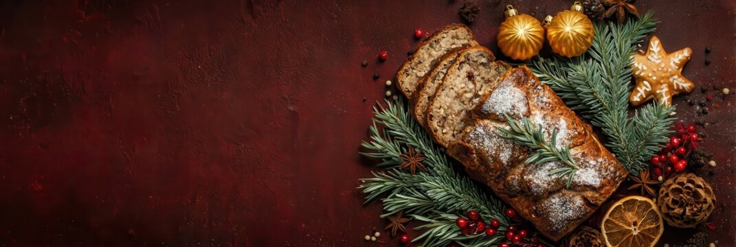 Christmas food buffet of savory turkey, warm breads, sugar dusted cookies, and festive cakes arranged beside glowing holiday ornaments