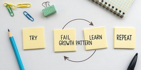 Personal Development Steps with Sticky Notes on Growth Pattern in Office Workspace Setup for Motivational Concept