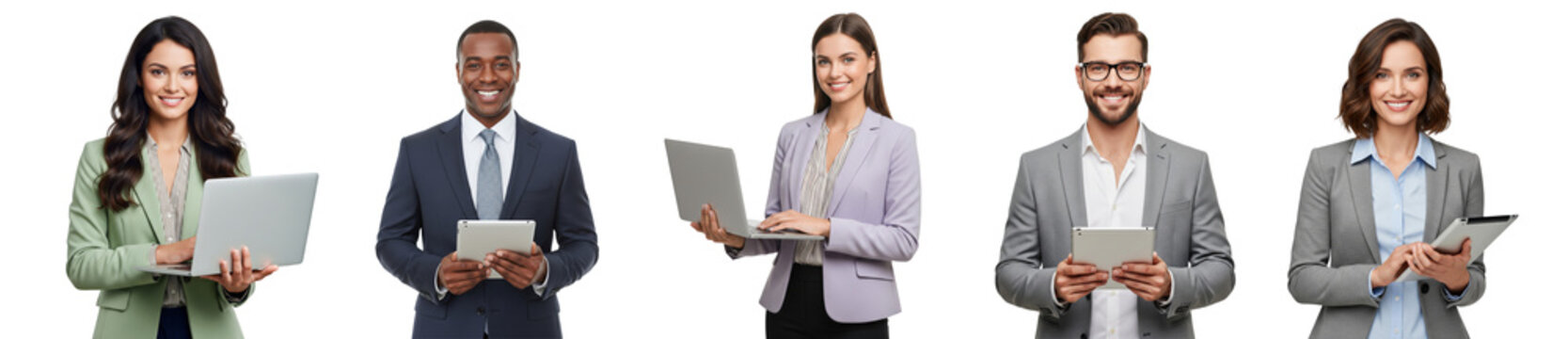 Diverse of young business women and men holding laptop isolated on white or transparent background