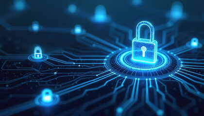 Digital illustration of glowing padlock symbol on circuit board. Represents cyber security data protection and online privacy. Network connections flow from central lock. Secure data access concept.