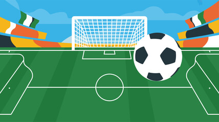 A detailed illustration of a soccer field with a goal and a ball, viewed from the stands.