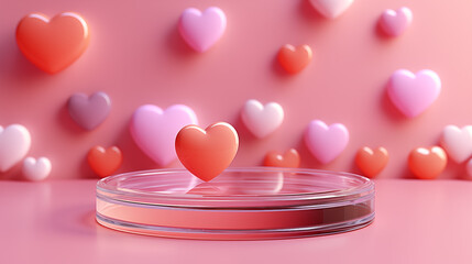 Elegant 3D rendering of a round podium with floating hearts in pink and red, creating a romantic atmosphere ideal for Valentine&rsquo;s Day, weddings, product display or love-themed event decoration.