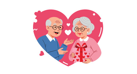 Loving elderly couple celebrating an anniversary or Valentine's Day inside a large pink heart, with the woman holding a special gift box.
