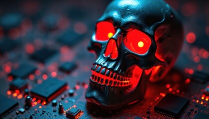 Glowing skull with red eyes rests on electronic circuit board. Digital technology threat, cybercrime concept. Dark eerie abstract background.
