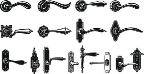 Collection of vintage and modern door handles, decorative doorknobs and levers, ornate hardware illustration set for interior design and architectural elements