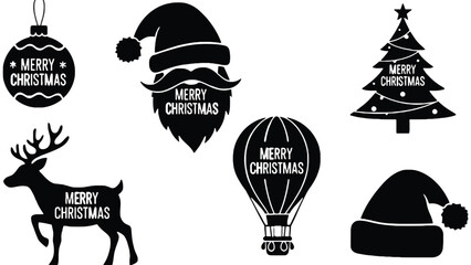 Fototapeta premium A collection of black silhouettes featuring Christmas-themed elements like a reindeer, Santa's hat, a Christmas tree, a bauble, and a hot air balloon, all adorned with 