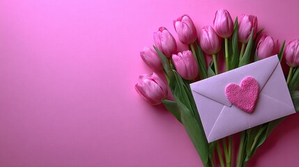 Bouquet of pink tulips rests beside a delicate envelope adorned with a fuzzy heart shape