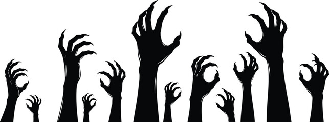 Creepy zombie hands rising from ground, horror silhouettes grasping upward, spooky undead arms reaching in darkness, eerie Halloween illustration background
