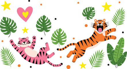 Cute playful tigers with tropical leaves, stars and hearts in colorful jungle cartoon vector illustration