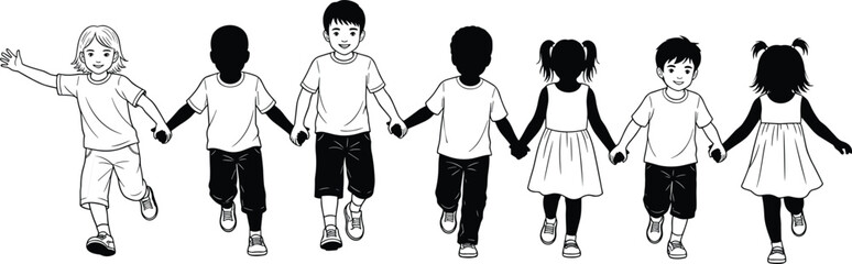Group of children holding hands walking together, happy kids illustration, friendship unity concept, playful childhood scene for education, family and community themes