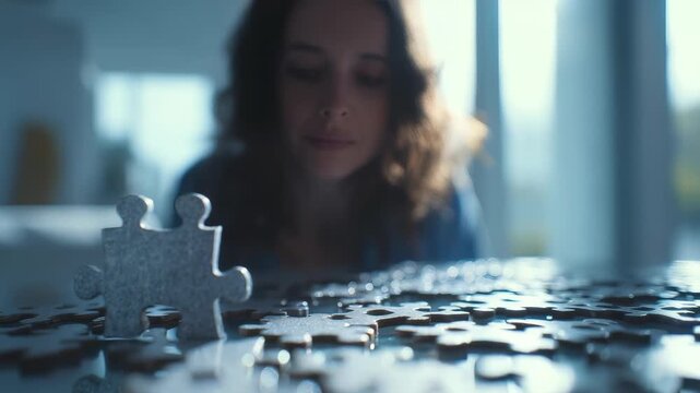 A thoughtful woman is deeply engaged in solving a puzzle, symbolizing problem solving and mental challenge. The bright atmosphere highlights relaxation and cognitive activity
