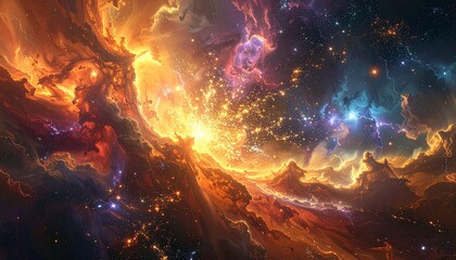 Golden and purple nebula clouds glowing in outer space