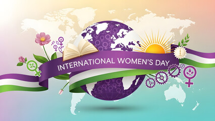 International Women's Day Global Celebration with Earth Globe Ribbon Banner Flowers Books Sunrise and Gender Equality Symbols Illustration