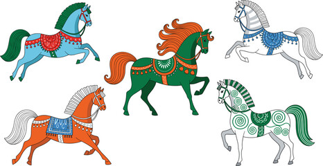 Decorative folk art horses set with ornamental patterns colorful traditional style flat vector illustration