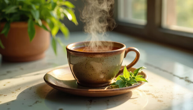 Steaming cup of herbal tea with fresh tulsi leaves beside it. Sunlit window view from cozy home kitchen or cafe setting. Warm beverage and healthy green plant.