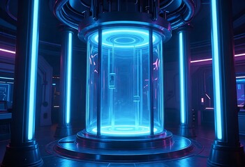 Futuristic high-tech laboratory interior featuring glowing cryogenic chamber, advanced biotechnology equipment, neon lighting, and sci-fi medical preservation concept for science fiction, gaming.