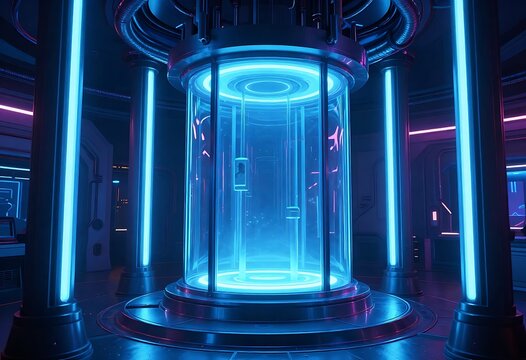 Futuristic high-tech laboratory interior featuring glowing cryogenic chamber, advanced biotechnology equipment, neon lighting, and sci-fi medical preservation concept for science fiction, gaming.