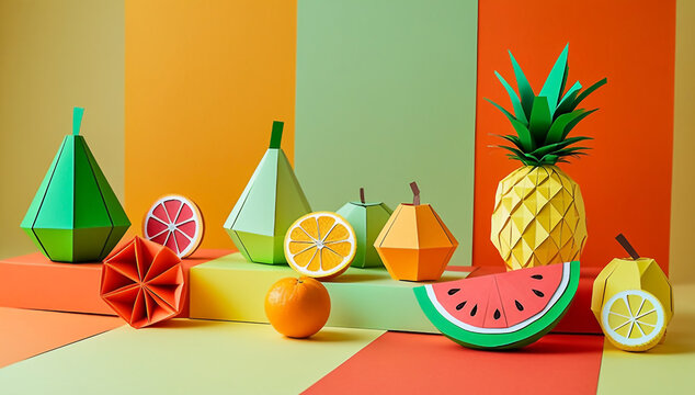 Colorful Papercraft Fruit Still Life with Geometric Paper Shapes on Vibrant Studio Background