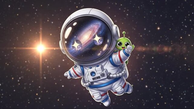 Cute Cartoon Astronaut and Alien Floating in Space with Bright Stars and Galaxy