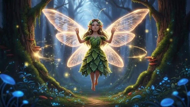 Enchanted Forest Fairy with Butterfly Wings in Mystical Nighttime Scene