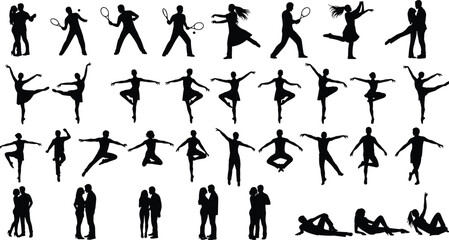 Silhouettes of people dancing, playing sports, and posing, dynamic human activity illustration set with couples, dancers, athletes for creative design projects