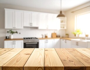 A blurry image of a bright, modern kitchen interior focuses on a wooden table. Cabinets and appliances are in the background. Natural light streams from the window