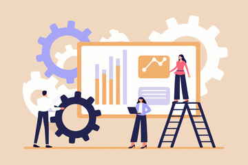 Team collaboration analyzing data and planning strategies with gears illustration