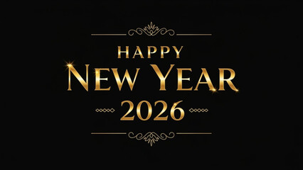Obraz premium Golden happy new year 2026 text on black background with decorative lines