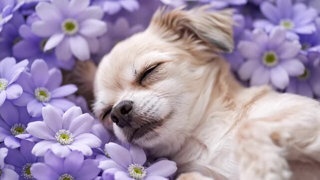 Cute beige chihuahua puppy sleeping peacefully among purple flowers