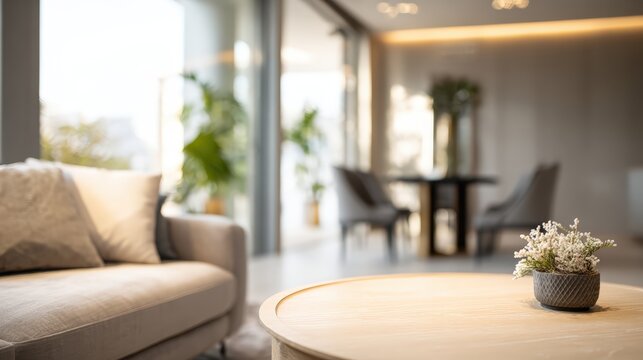 Soft focus background of stylish empty living room interior with contemporary furniture and neutral light tones. Luxury real estate and home services concept for premium residential property.