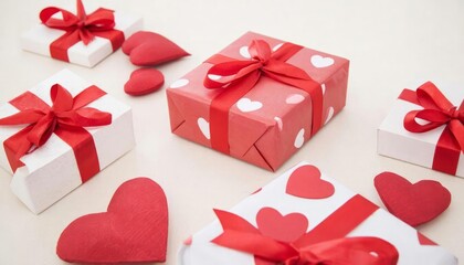 Valentine Hearts and Gift Boxes Flat Lay. A romantic flat lay of red and pink heart shaped decorations and wrapped gift boxes with ribbons, creating a festive Valentines Day theme and symbolizing love