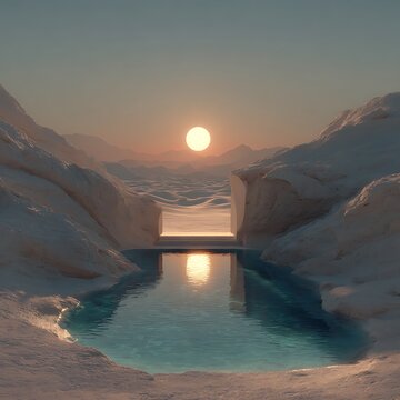 Surreal landscape with tranquil water and distant mountains at sunset abstract alien