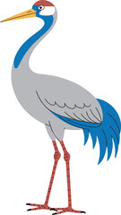 Fototapeta premium stylized crane bird, long neck legs, red white blue feathers, cartoon wildlife vector, nature animal illustration, educational design