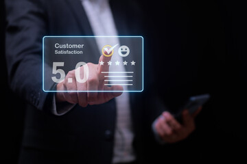 Positive customer journey results in five star satisfaction review. businessman touches digital rating interface