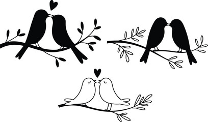 silhouette kissing birds, romantic bird pairs, heart above birds, love birds on branch, nature affection scene, minimalist wildlife illustration