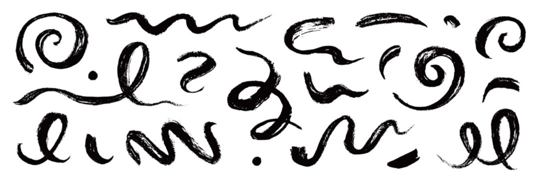 Chinese brush strokes swirl, line curve, calligraphy paint spiral elements. Hand drawn chinese ink brush paint stroke swish, swoosh wave doodles. Grunge texture abstract line. Vector illustration