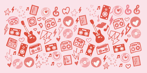 A vibrant pink background filled with various music related icons and symbols