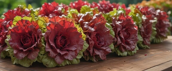 Heads of red butterhead lettuce on a garden table,  fresh produce,  garden harvest